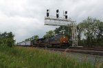 CSX 982 and 75 pass under a cantilever signal bridge